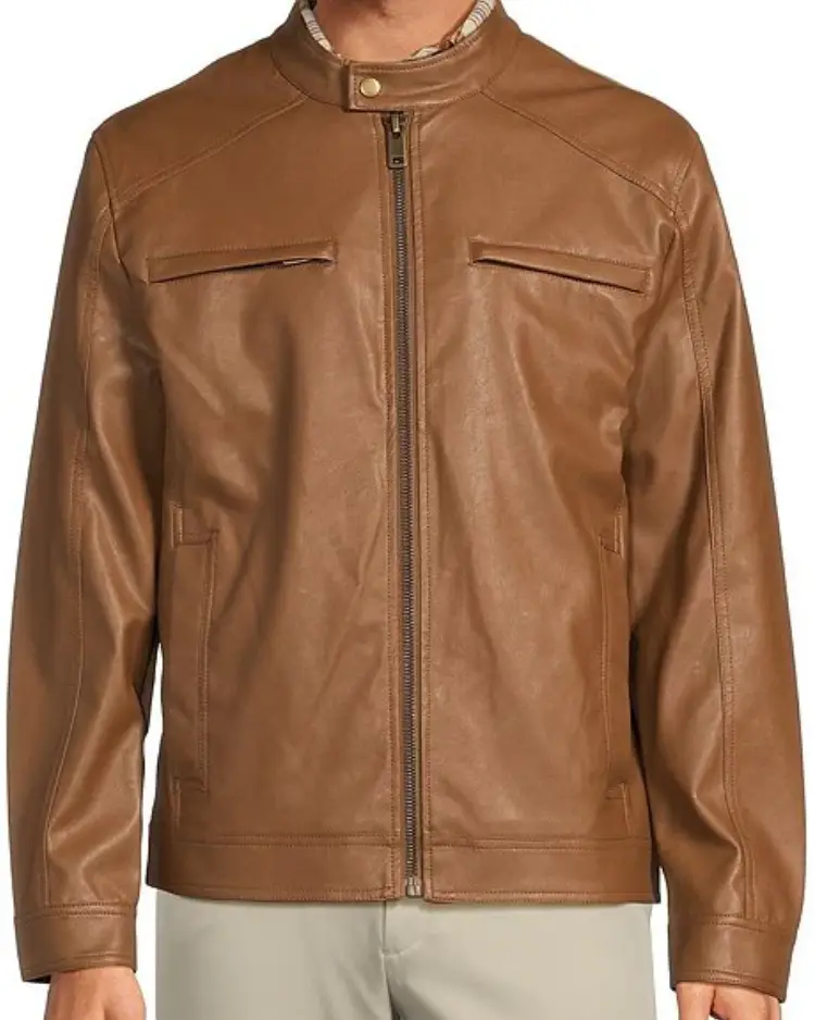 Roundtree & Yorke Faux Leather Cognac Moto Jacket