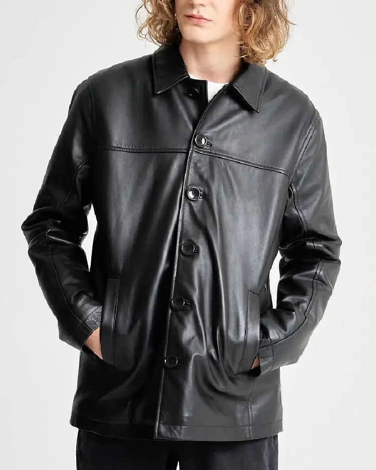 Men's Black Leather Reefer Jacket