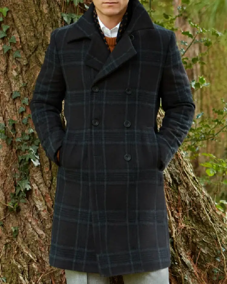 Men's Charcoal Check Wool Reefer Coat