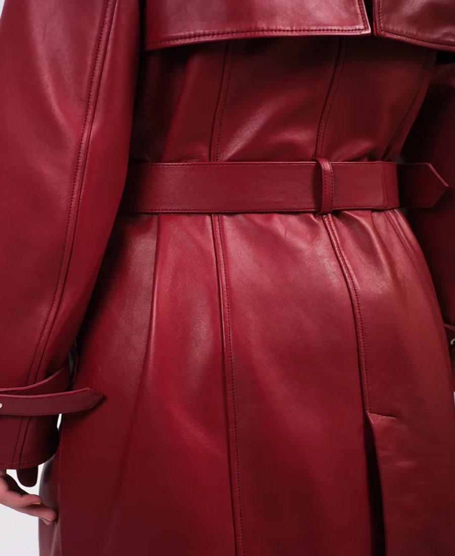 Women'S Leather Burgundy Trench Coat 5 Women’s Leather Burgundy Trench Coat Back - Trendy Leather Jackets