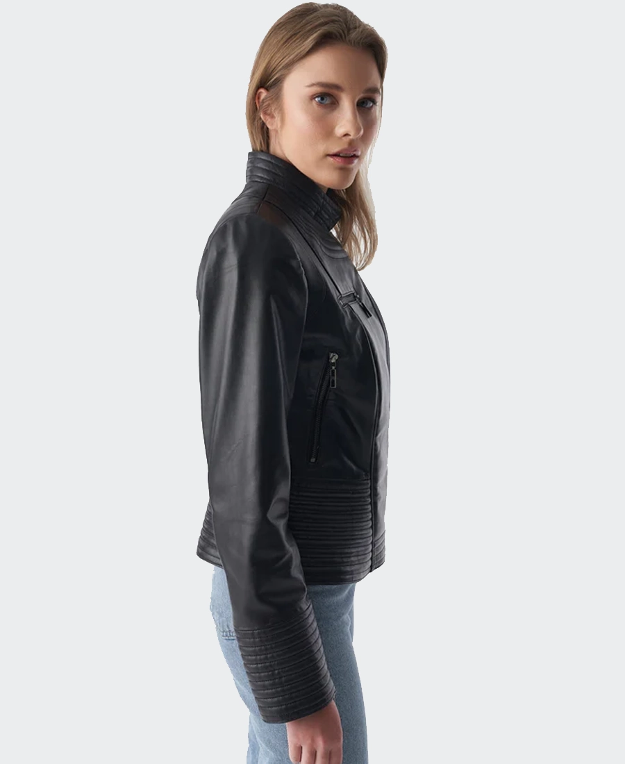Women Black Riser Biker Leather Jacket 3 Women Black Riser Biker Leather Jacket Side View - Trendy Leather Jackets