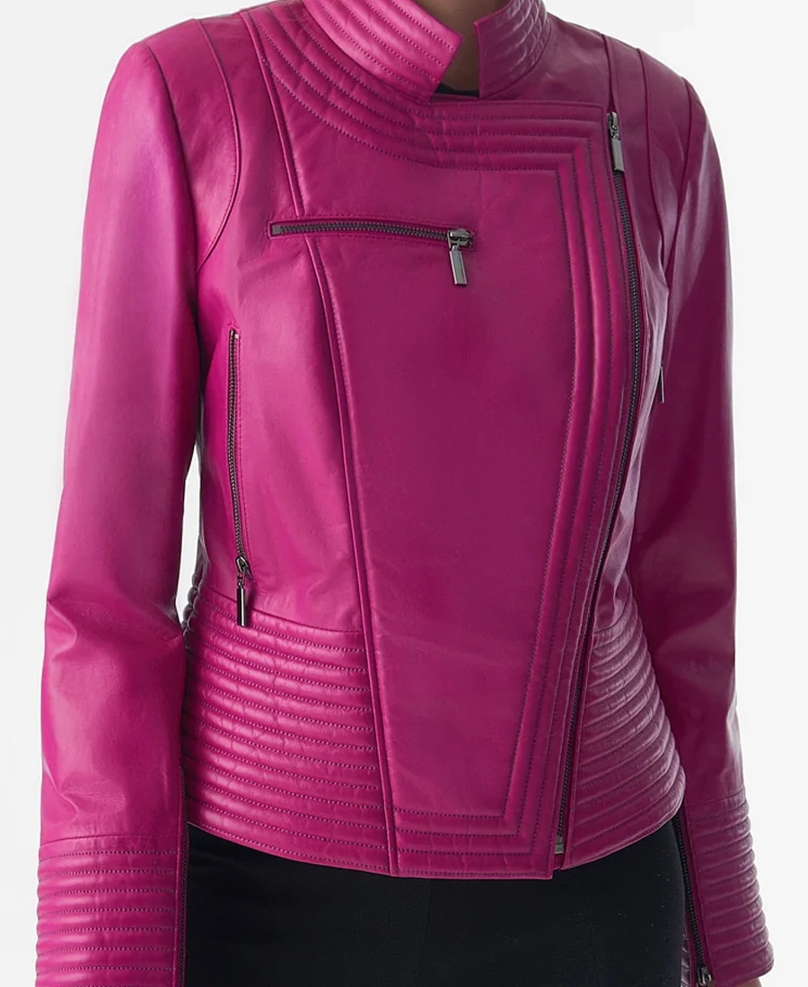 Women Black Riser Biker Leather Jacket 10 Women Pink Riser Biker Leather Jacket Close Up - Trendy Leather Jackets