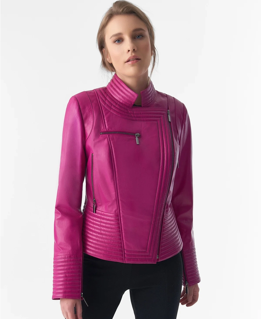 Women Black Riser Biker Leather Jacket 7 Women Pink Riser Biker Leather Jacket - Trendy Leather Jackets