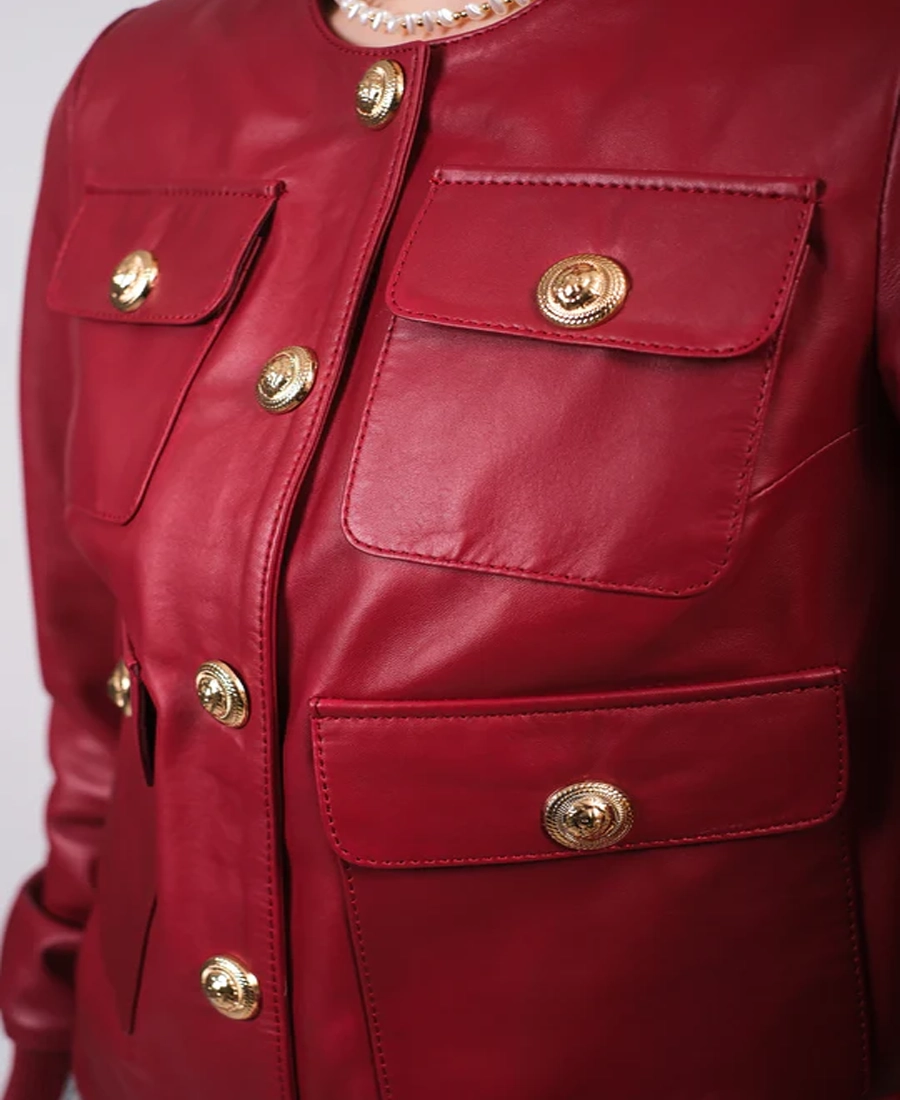 Sophisticated Red Leather Jacket 3 Sophisticated Red Leather Jacket Front Close Up - Trendy Leather Jackets