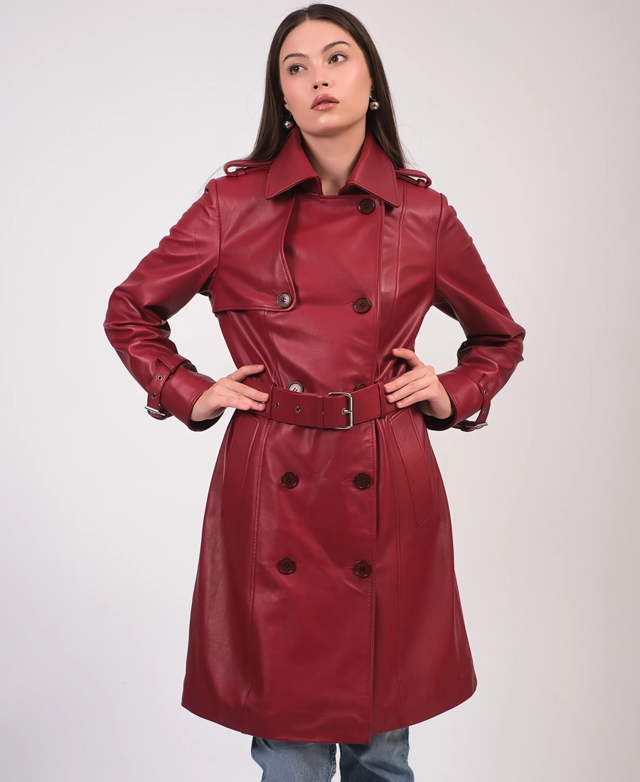 ShopWomen’s Leather Burgundy Trench Coat - Trendy Leather Jackets