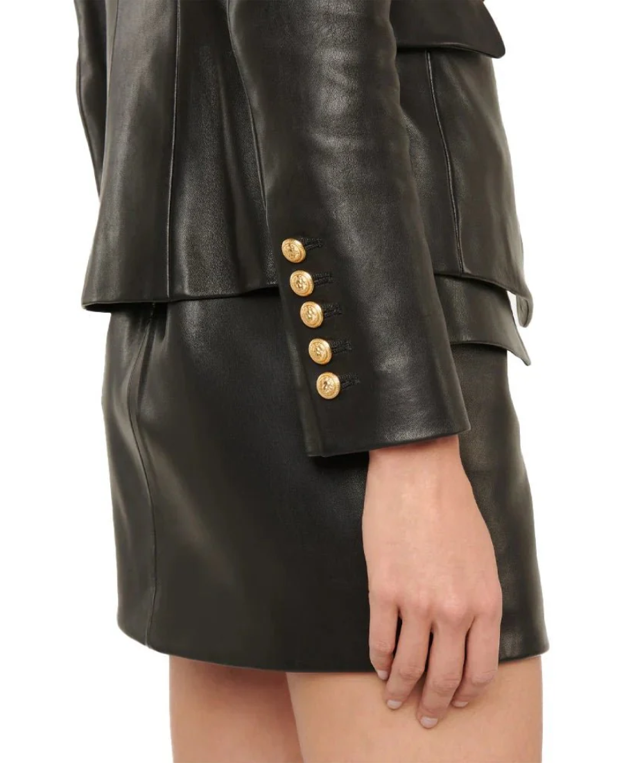 Women'S Double Breasted Black Leather Blazer 3 Women'S Double Breasted Black Leather Blazer Closeup - Trendy Leather Jackets