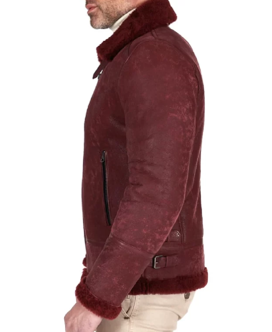 Men’s Shearling Burgundy Leather Jacket 4 Men’s Shearling Burgundy Leather Jacket Side