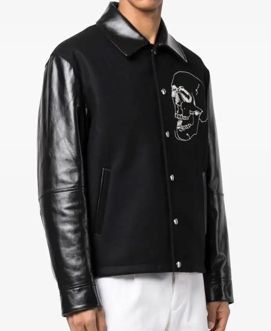 Men'S Black Embroidered Skull Varsity Jacket 3 Men'S Black Embroidered Skull Varsity Jacket Side