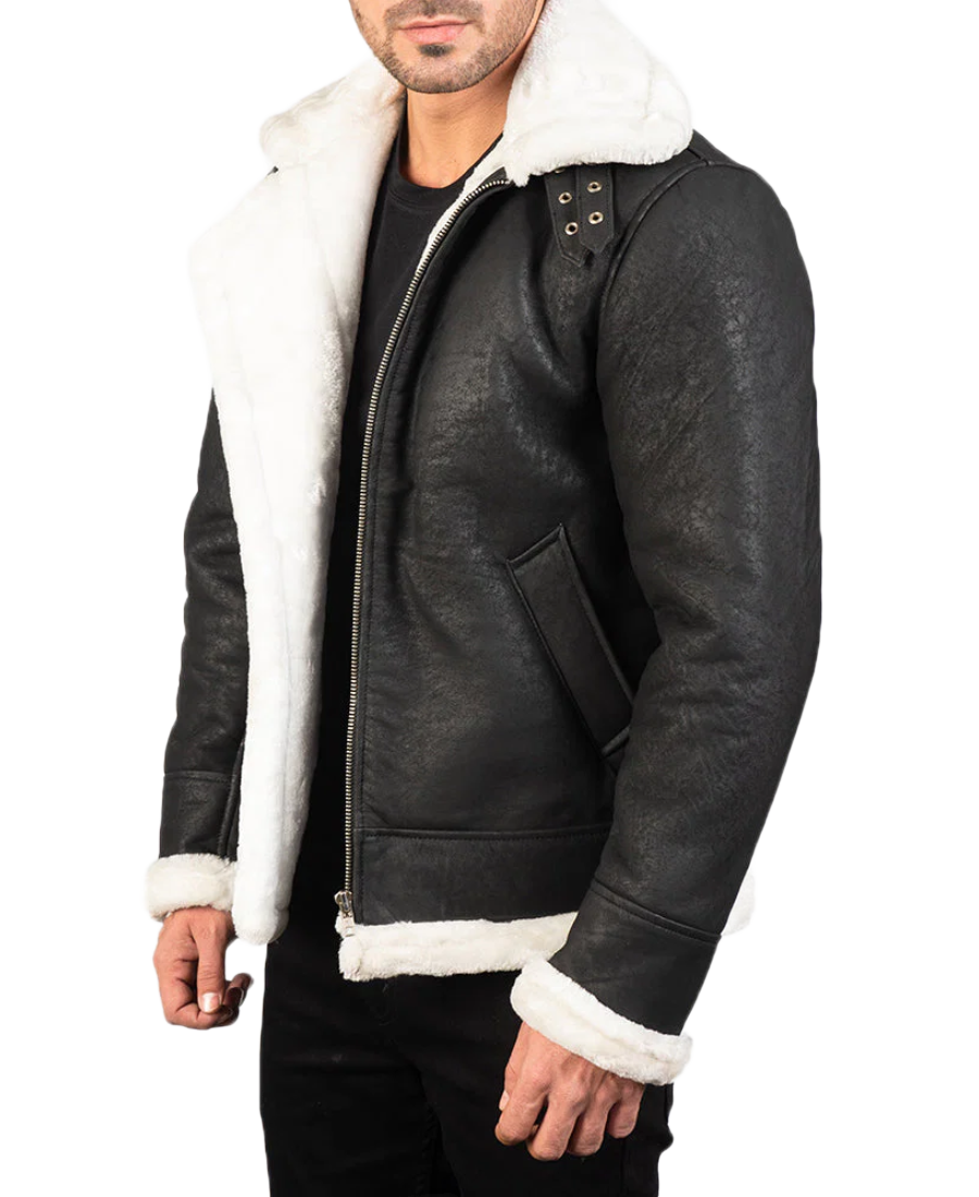 Men’s Black Distressed Aviator Leather Jacket 4 Men’s Black Distressed Aviator Leather Jacket Side