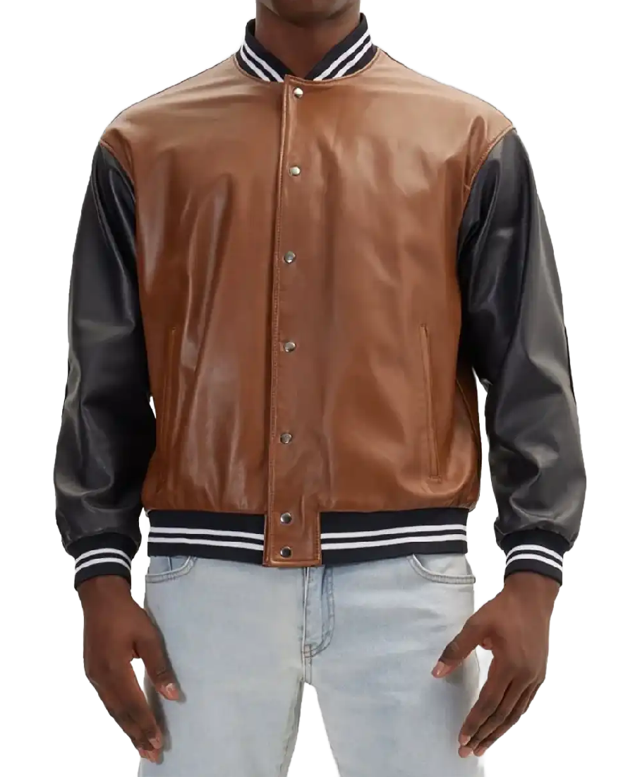 Men’s Brown and Black Leather Varsity Jacket Front