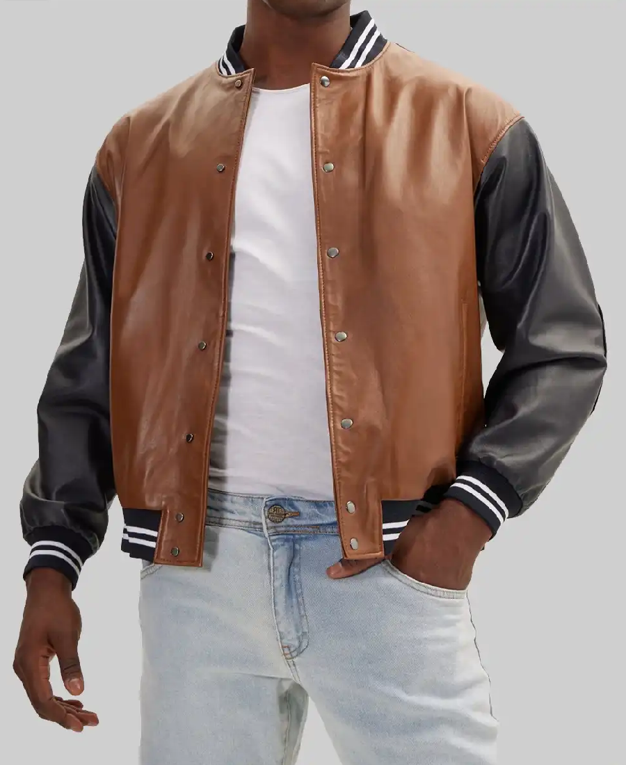 Men’s Brown And Black Leather Varsity Jacket 3 Men’s Brown And Black Leather Varsity Jacket Front