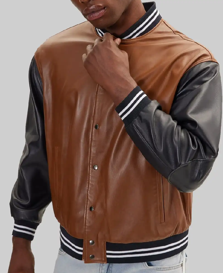 Men’s Brown And Black Leather Varsity Jacket 4 Men’s Brown And Black Leather Varsity Jacket Side