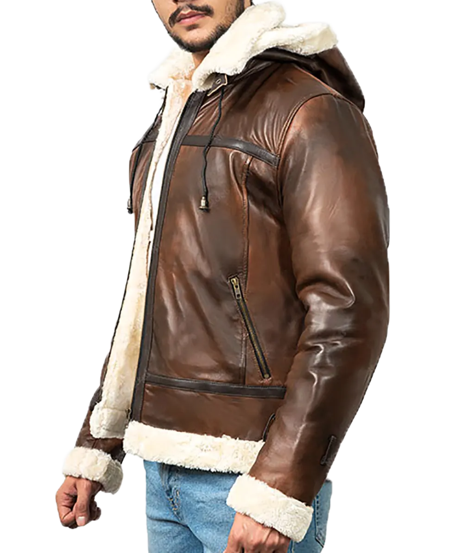 Men’s Distressed Brown Hooded Aviator Jacket 3 Men’s Distressed Brown Hooded Aviator Jacket Side View