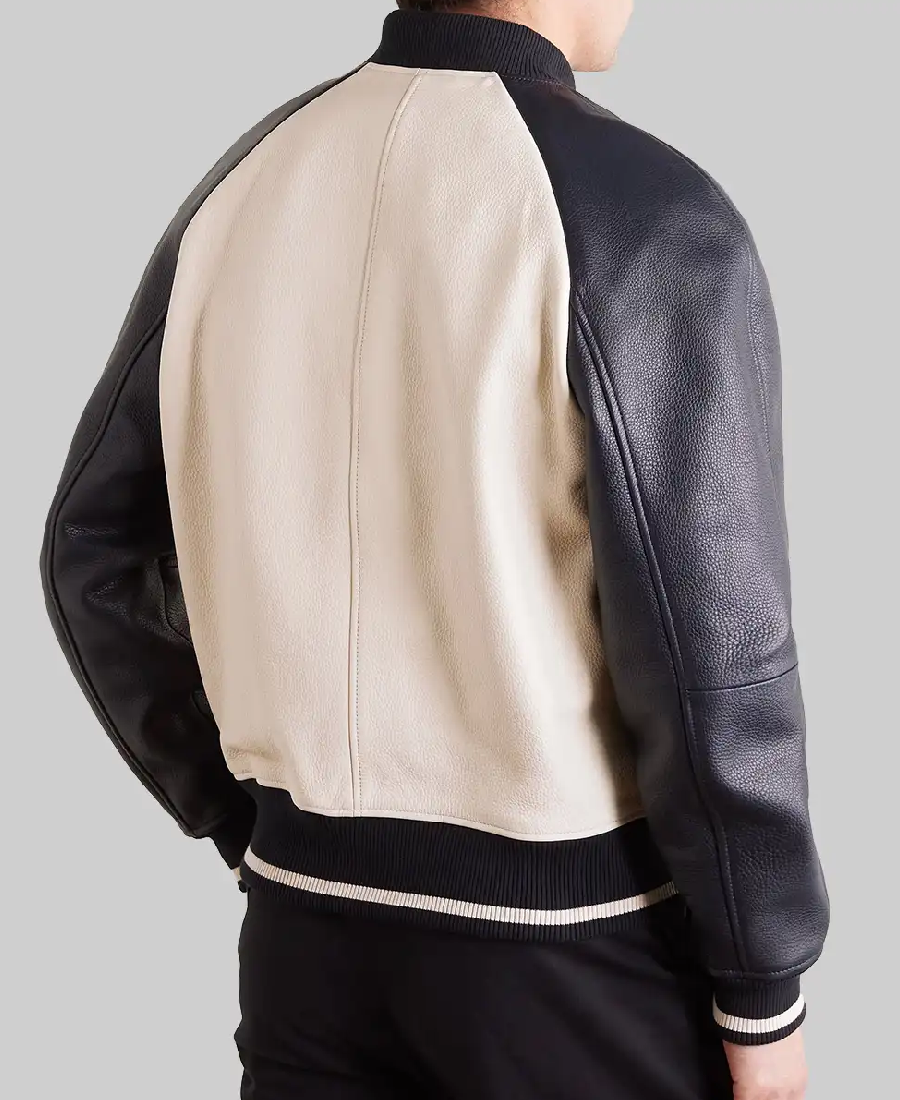 Men’s Off-White And Black Leather Varsity Jacket 3 Men’s Off-White And Black Leather Varsity Jacket Back