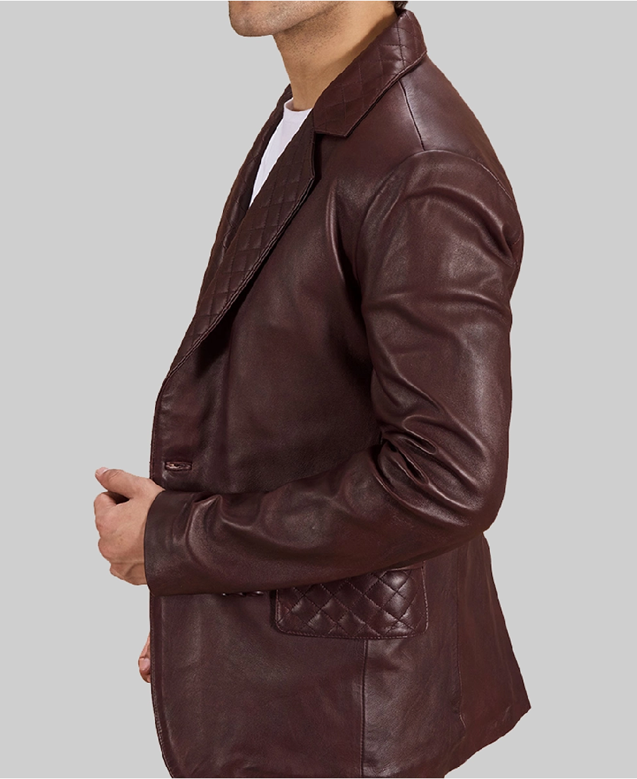 Men’s Quilted Dark Brown Leather Blazer 3 Men’s Quilted Dark Brown Leather Blazer Closeup