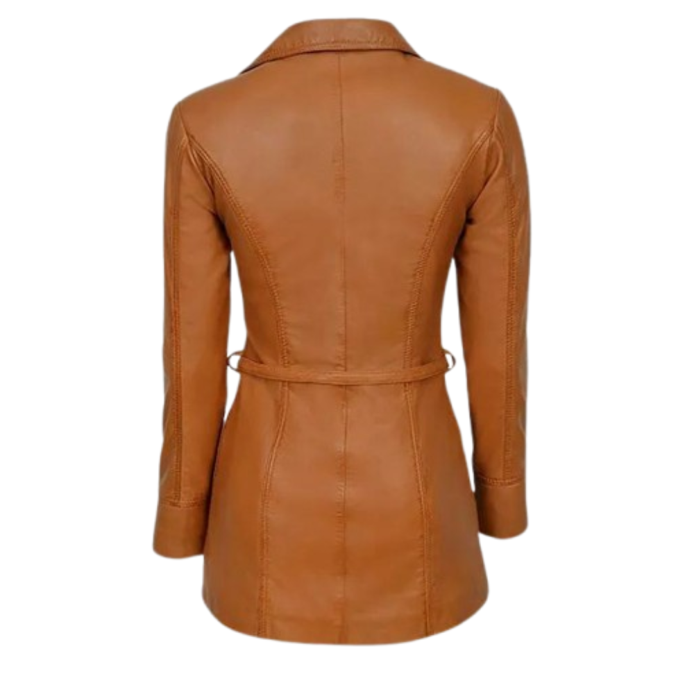Women Tan Brown Leather Trench Coat 2 Women Tan Brown Leather Trench Coat - Image 2