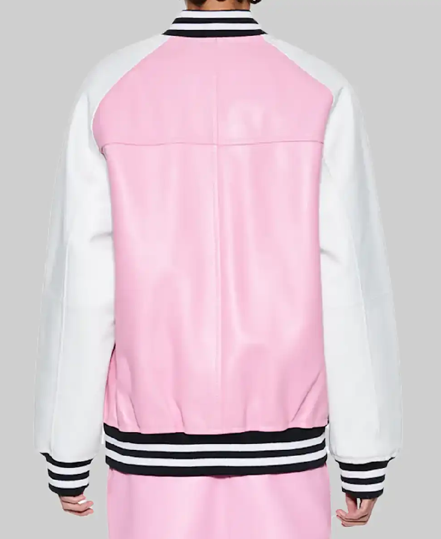 Women’s Pink and White Leather Varsity Jacket Back