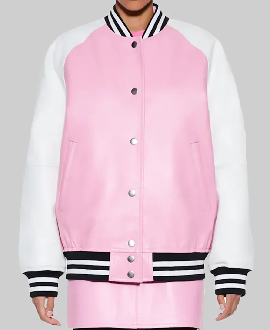 Women’s Pink and White Leather Varsity Jacket