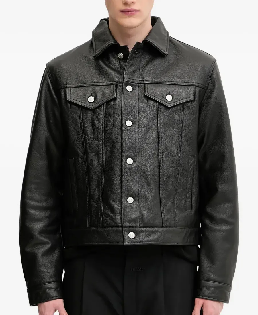 Men’s Button-Fastening Leather Jacket Front