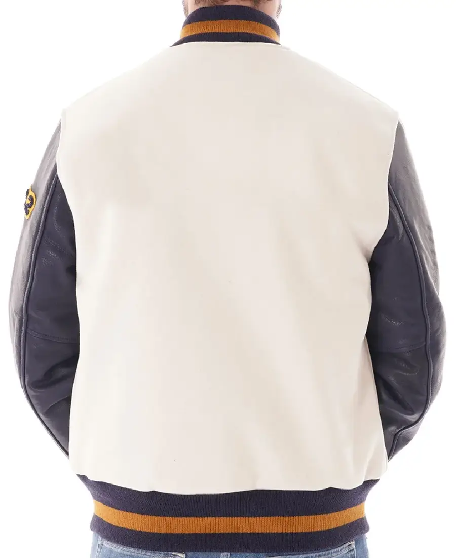Shop The Off White And Purple Varsity Jacket