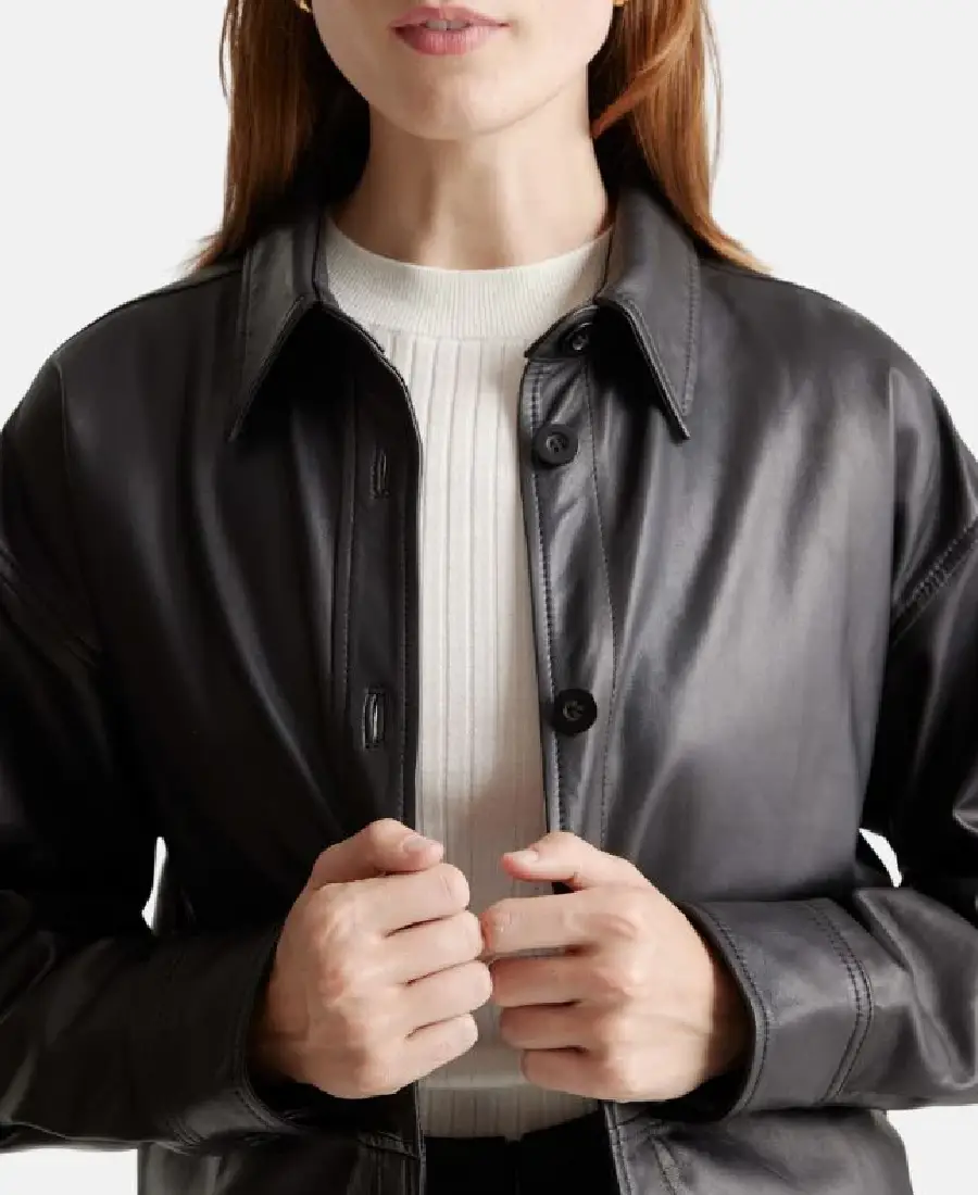 Women Black Shirt Leather Jacket 3 Women Black Shirt Leather Jacket Closeup