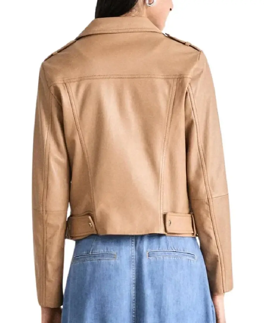 Women's Camel Brown Leather Biker Jacket Back
