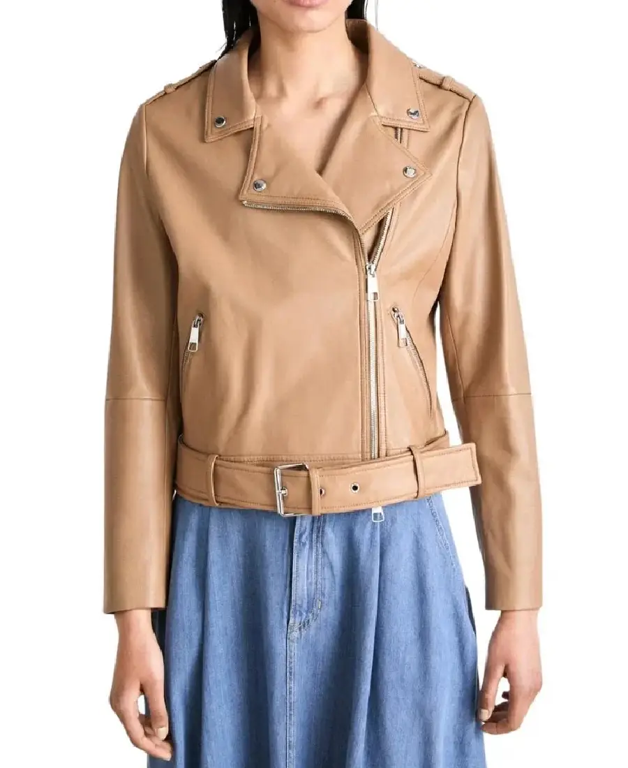 Women's Camel Brown Leather Biker Jacket