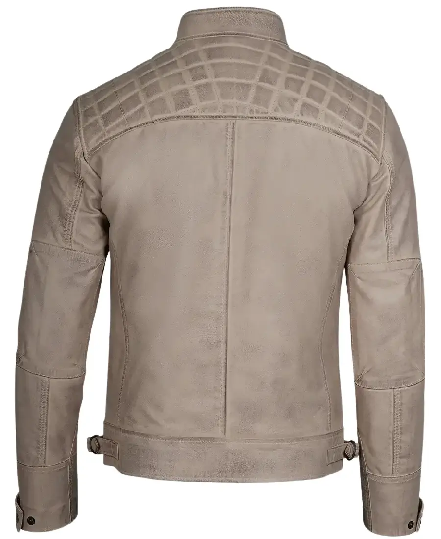 Alternative view of Men Beige Quilted Cafe Racer Leather Jacket