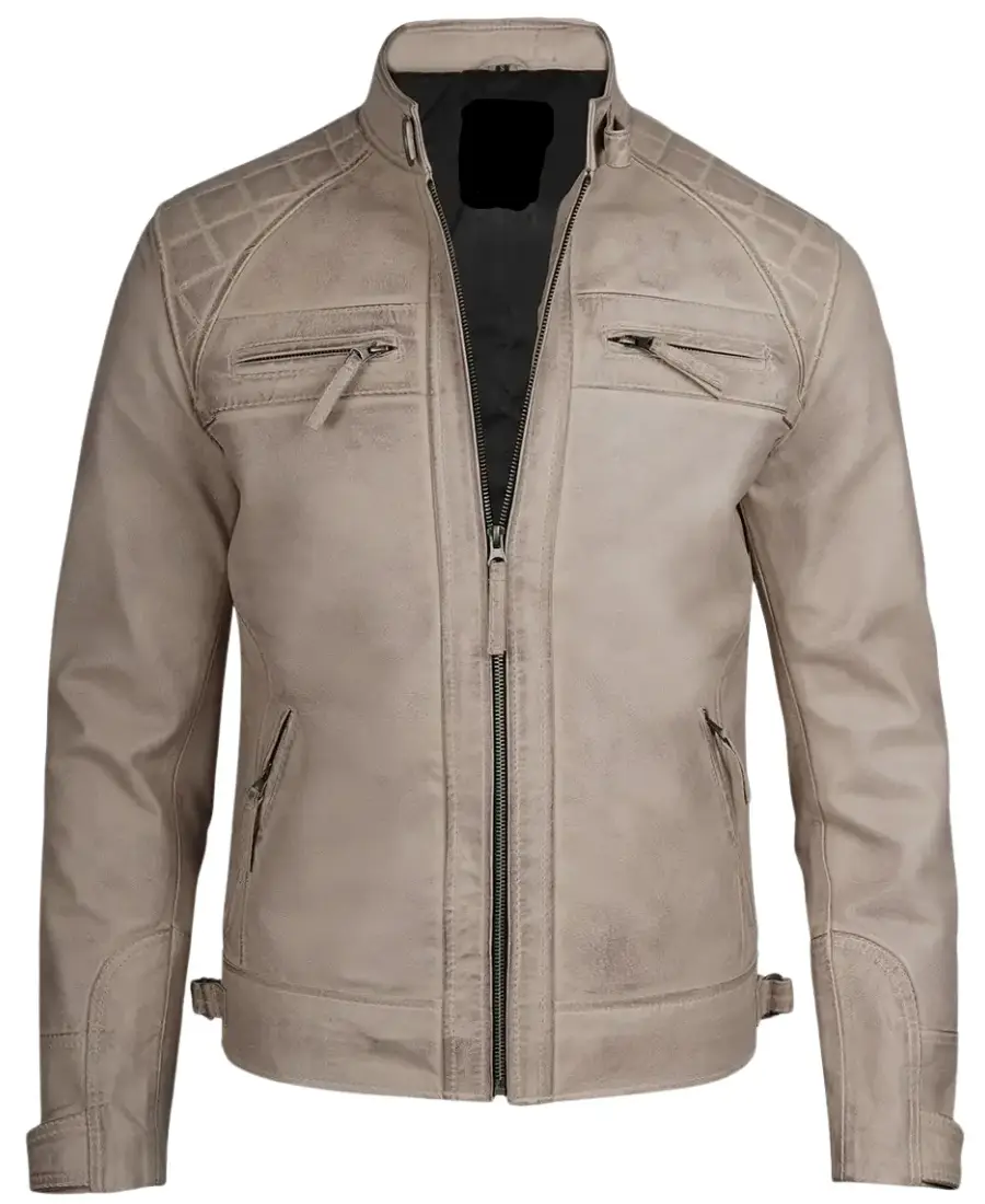 Men Beige Quilted Cafe Racer Leather Jacket 4 Men Beige Quilted Cafe Racer Leather Jacket - Image 4