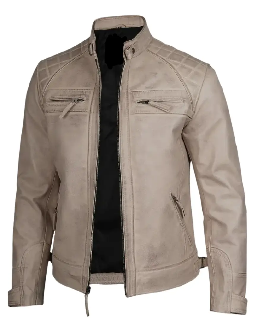 Men Beige Quilted Cafe Racer Leather Jacket 3 Men Beige Quilted Cafe Racer Leather Jacket - Image 3