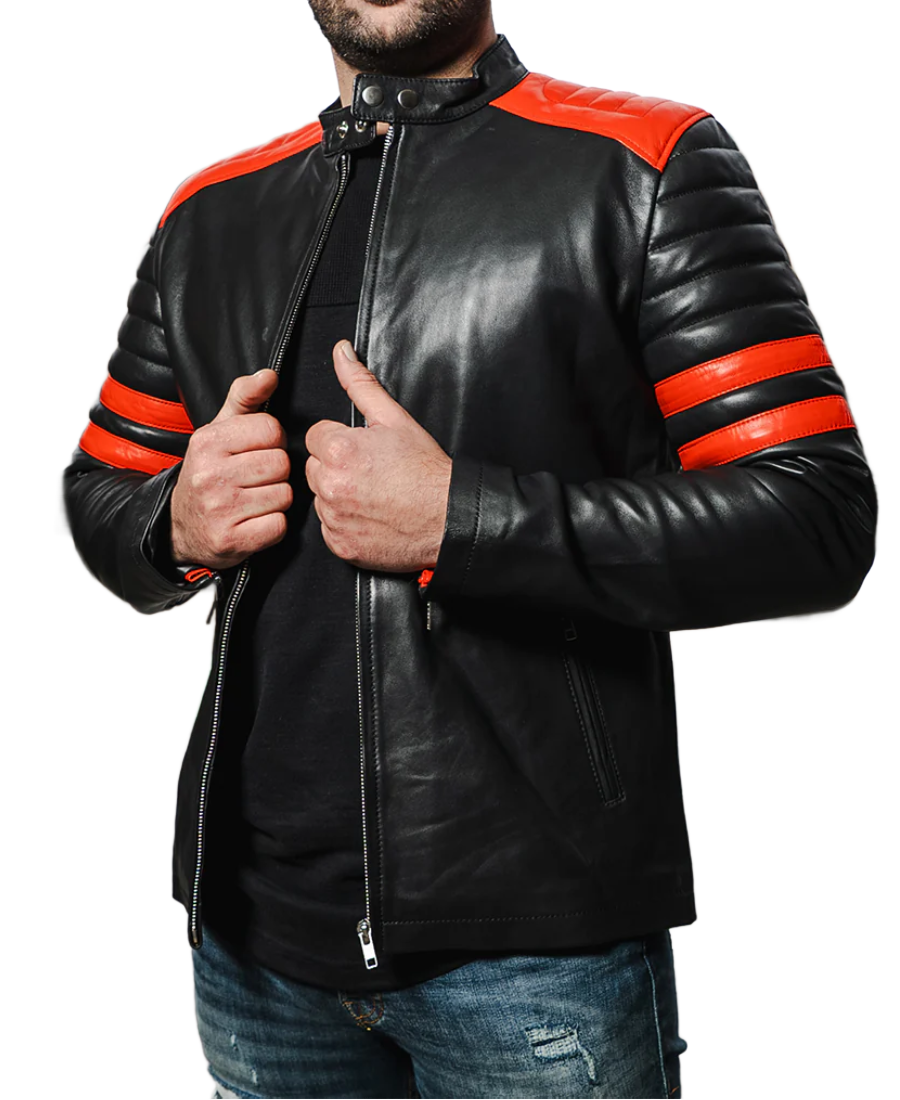 Men Double Arm Stripes Biker Leather Jacket 3 Men Double Arm Stripes Biker Leather Jacket Front