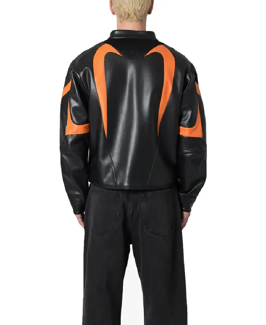 Alternative view of Men's Black Orange Cropped Biker Leather Jacket