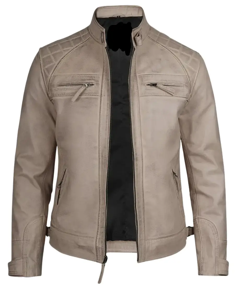 Men Beige Quilted Cafe Racer Leather Jacket