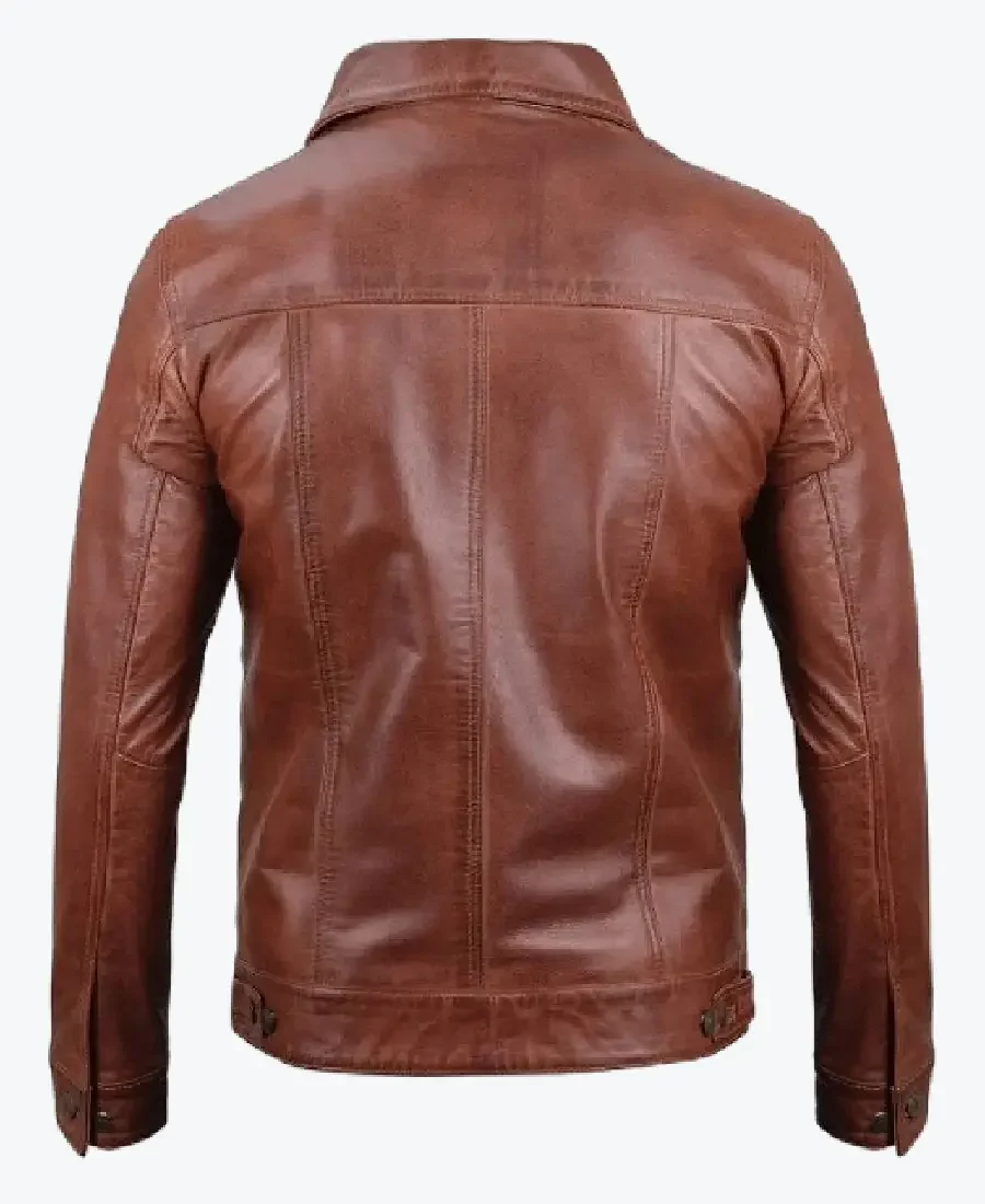 Fernando Men’s Harrington Brown Leather Trucker Jacket Back - Rare Jackets