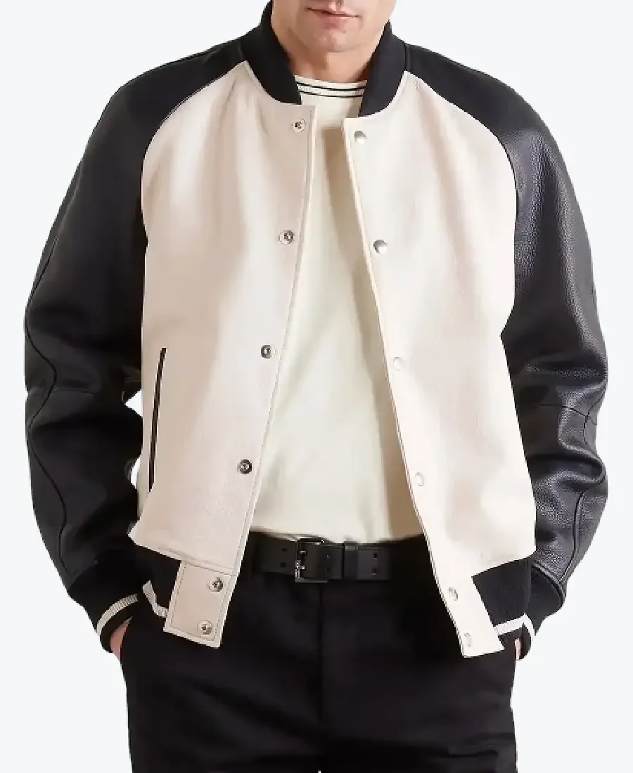 Men’s Off-White and Black Leather Varsity Jacket - Rare Jackets