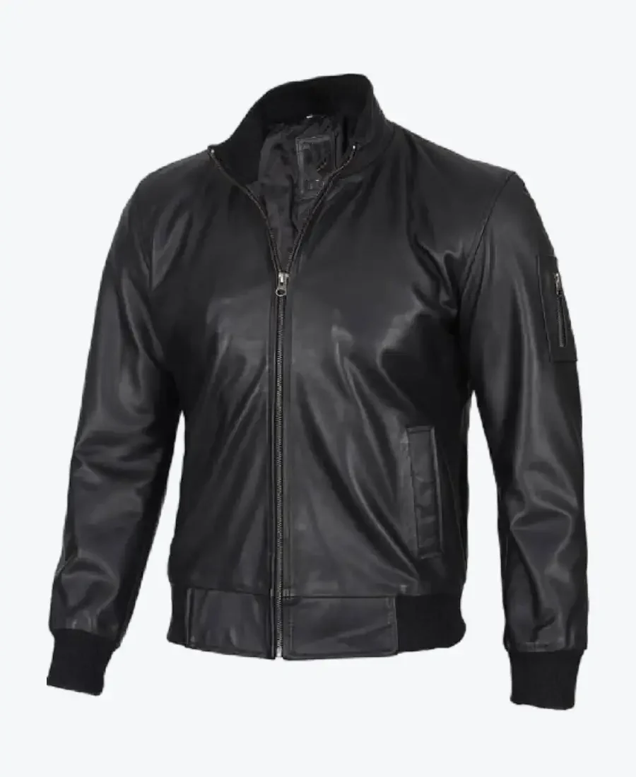 Men's Black Real Cowhide Leather Bomber Jacket