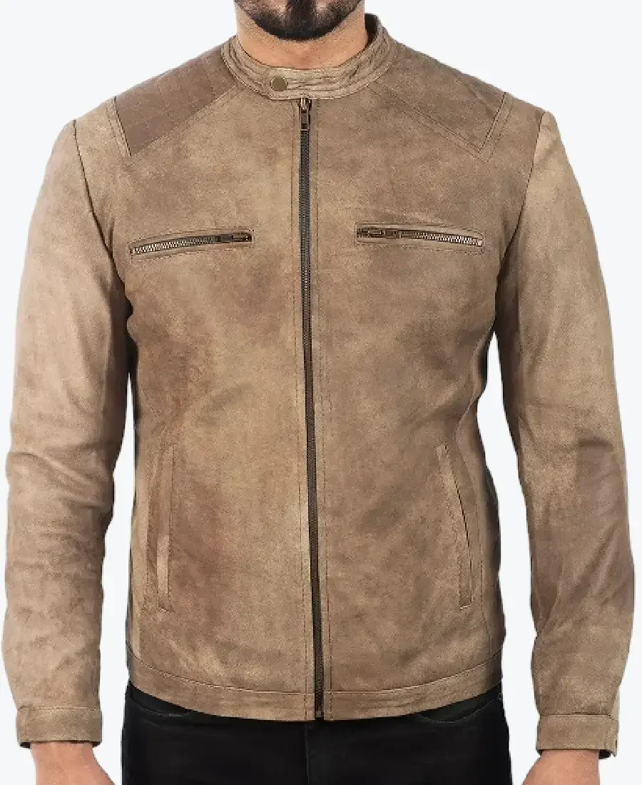 Men’s Distressed Beige Leather Biker Jacket