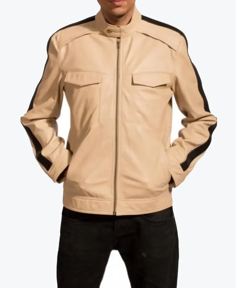 Men's Black Stripe Beige Leather Jacket - Rare Jackets