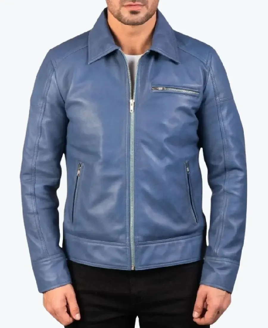 Mens Simple Blue Leather Jackets Rare Jacket