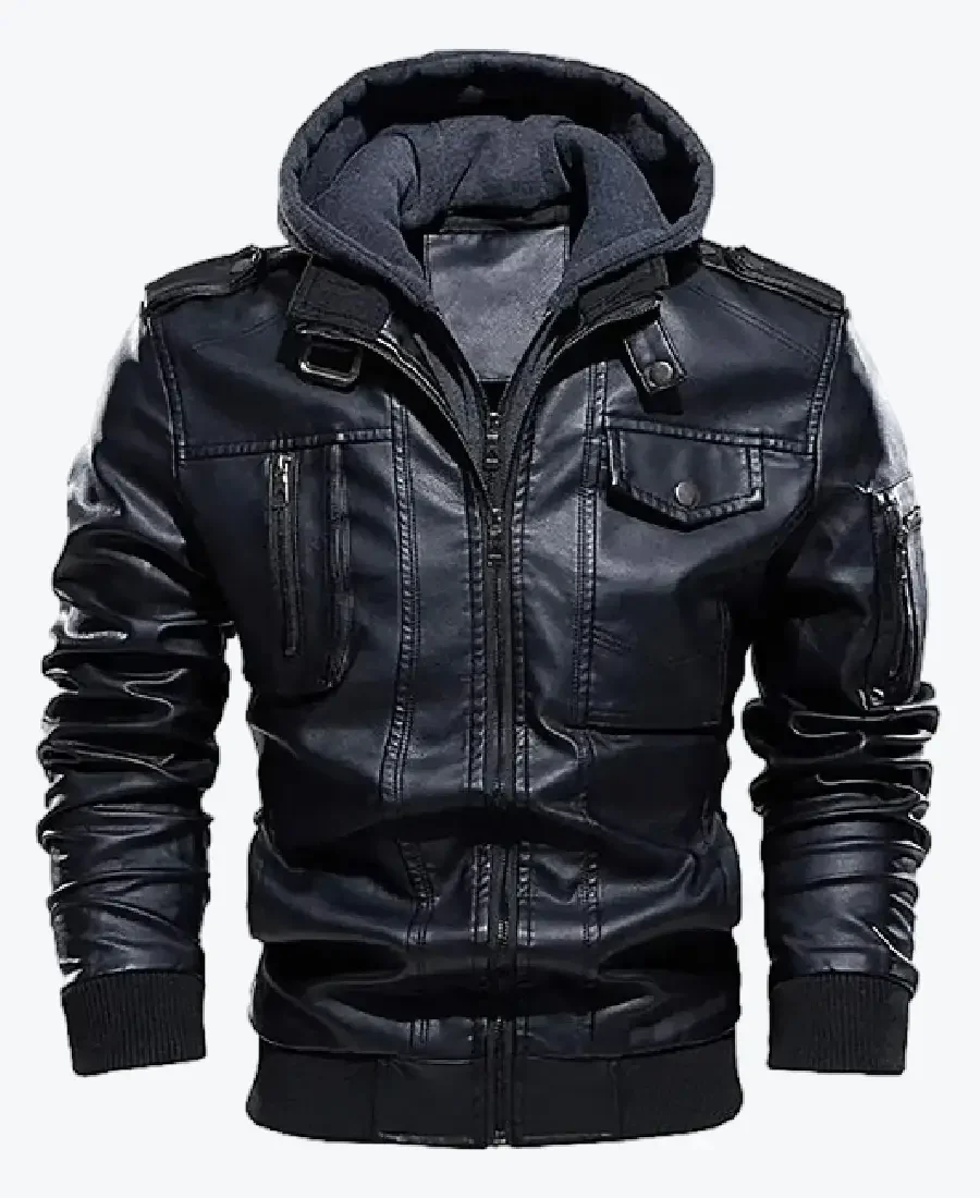 Shop The Chris Men’s Black Hooded Bomber Leather Jacket - Rare Jackets