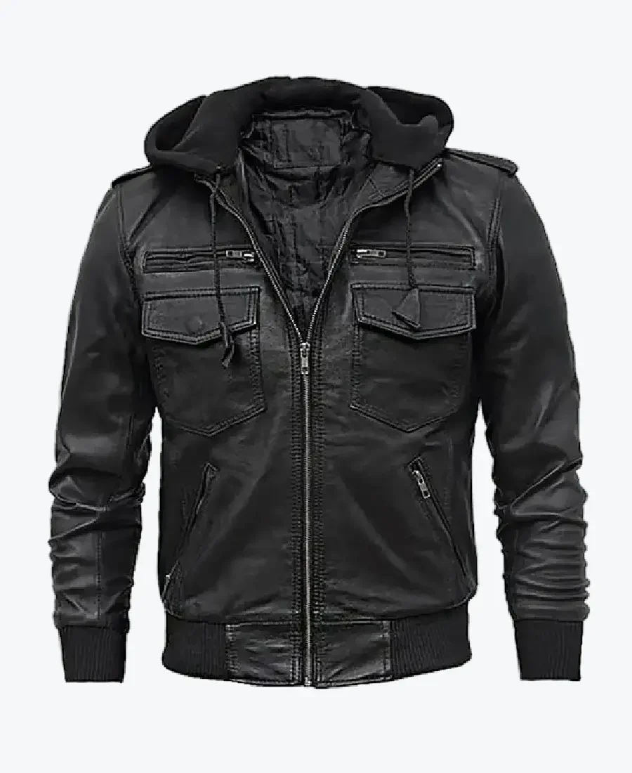 Craig Men’s Black Hooded Bomber Leather Jacket Back - Rare Jackets craig men’s black hooded bomber leather jacket back - rare jackets