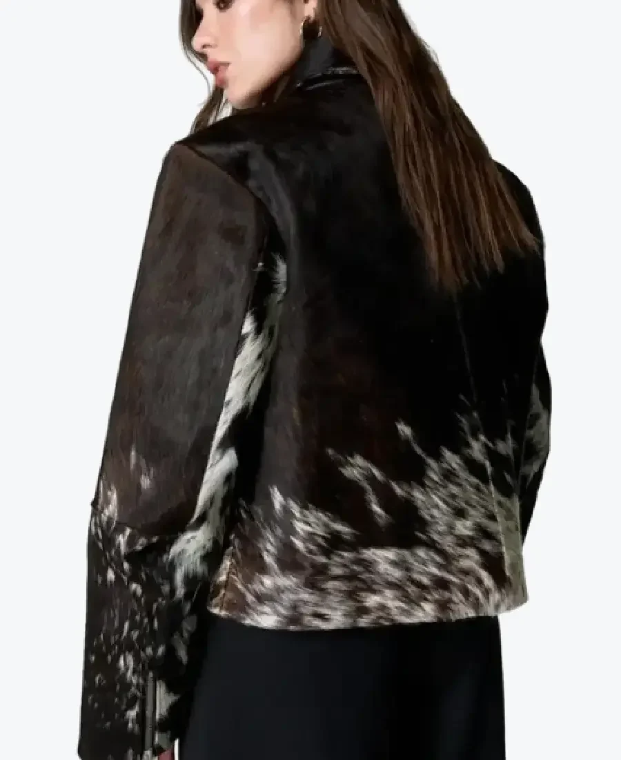 Shop The Men’s Slim Fit Belted Cow PrintCalf Hair Leather Jacket Back Rare Jacket