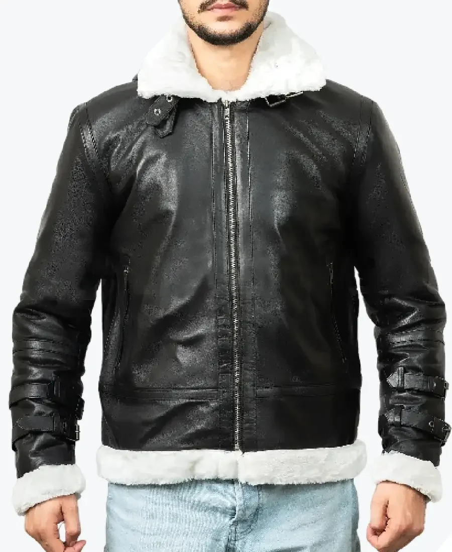 Theodore Men’s Black Hooded B-3 Bomber Leather Jacket theodore men’s black hooded b-3 bomber leather jacket