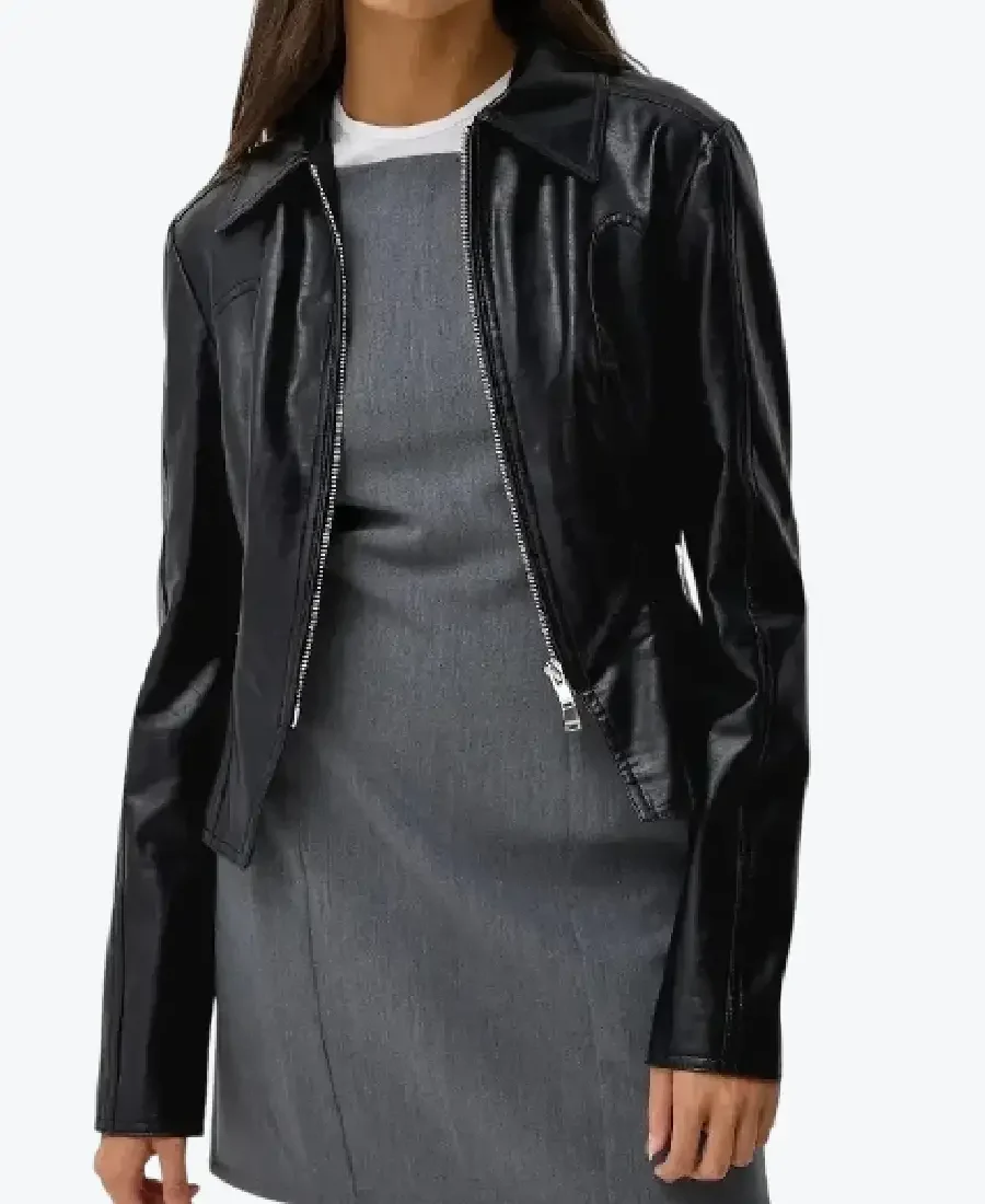 Womens Shirt Collar Black Leather Jackets Rare Jacket