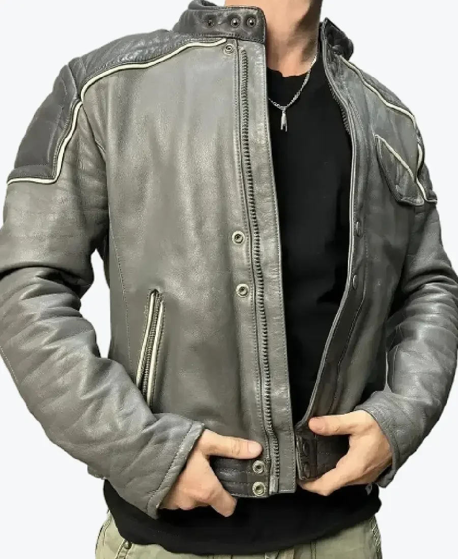 90s Vintage Grunge Distressed Grey Biker Leather Jackets Rare Jacket