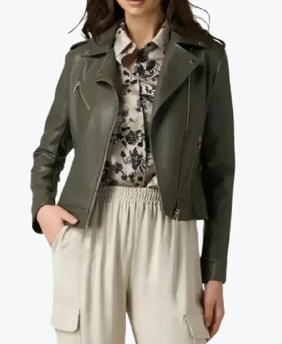 Anna Army Green Leather Biker Jackets Rare Jacket