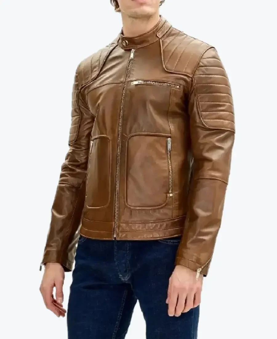Men Piping Details Brown Moto Leather Jackets (1) Rare Jacket