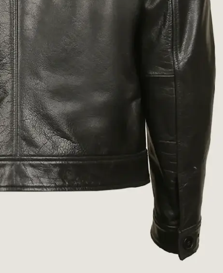 Men Simple Black Classic Leather Jacket 4 Men Simple Black Classic Leather Jacket Sleeves