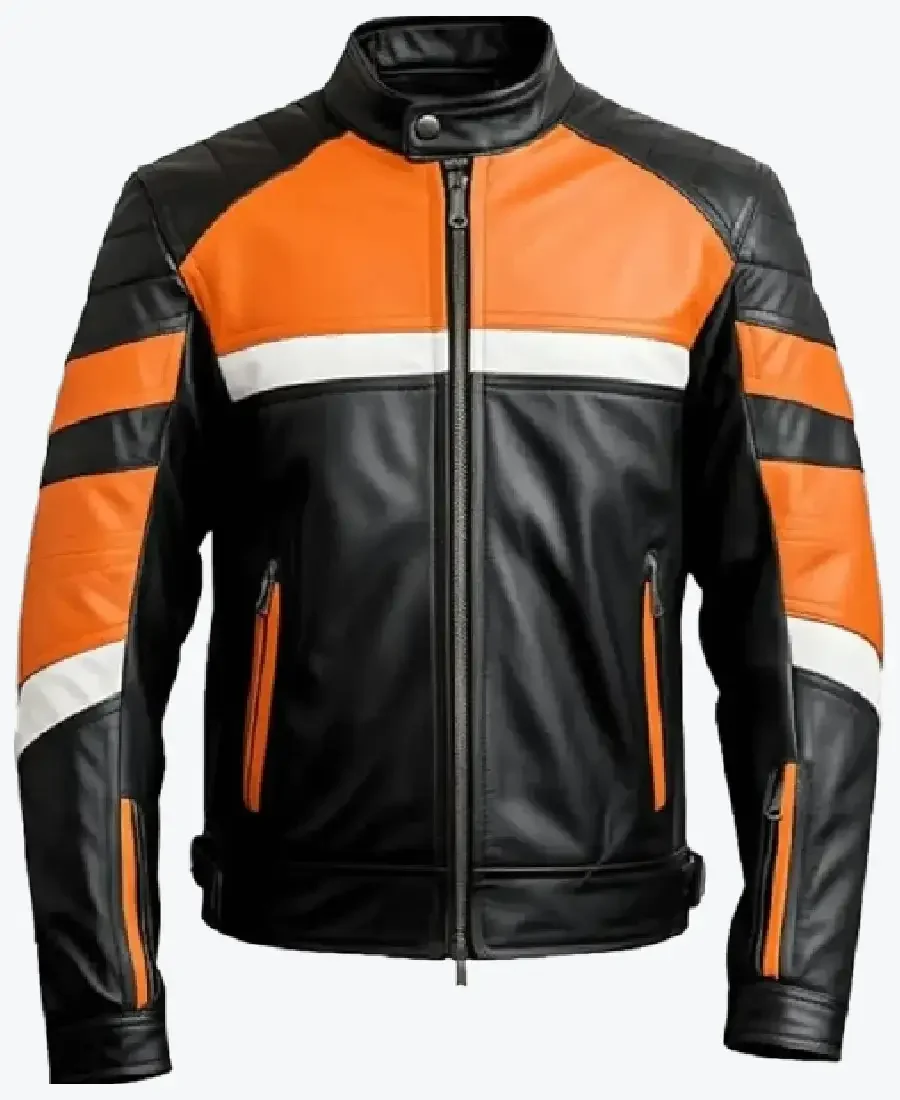 Men's Handmade Black & Orange Leather Biker Jackets Rare Jacket