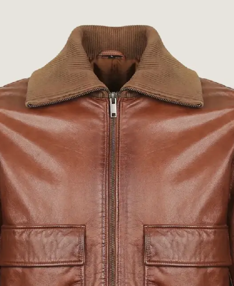 Men'S Pilot Brown Bomber Leather Jacket 3 Men’s Pilot Brown Bomber Leather Jacket Collar